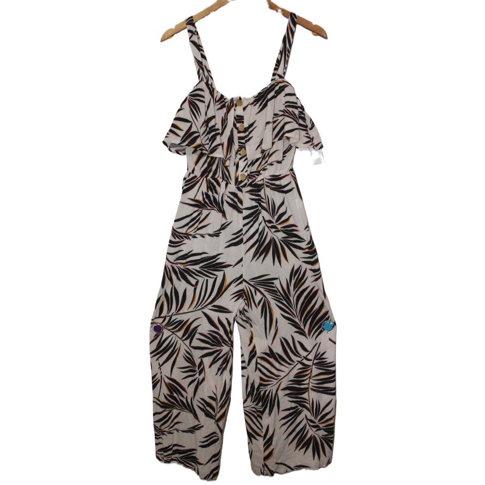 NWT Womens Lush Beige Black Yellow Floral Rayon Sleeveless Jumpsuit Size Small S